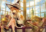  aircraft blonde_hair book boots braid broom chin_rest clock clock_tower cloud commentary_request day dirigible dress elizabeth_tower fingerless_gloves gears globe gloves hat hourglass keiko_(mitakarawa) kirisame_marisa long_hair looking_at_viewer sitting smile solo steampunk telescope touhou tower window witch_hat yellow_eyes zeppelin 