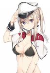  bikini black_bikini blonde_hair breasts capelet collarbone graf_zeppelin_(kantai_collection) hair_between_eyes hat highres kantai_collection long_hair md5_mismatch medium_breasts peaked_cap purple_eyes rikoma sidelocks simple_background smile solo swimsuit twintails white_background wrist_cuffs 