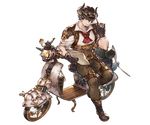  barowa beard belt boots brown_eyes brown_hair draph facial_hair full_body gloves goggles goggles_on_headwear granblue_fantasy ground_vehicle hat horns male_focus minaba_hideo motor_vehicle motorcycle newspaper official_art pipe sitting solo transparent_background 