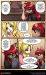  2017 abluedeer ama_(abluedeer) anthro blonde_hair breasts cat clothed clothing comic dialogue duo english_text eyewear feline female ferret glasses hair mammal moccha_(abluedeer) moon_lace mustelid pink_nose red_hair text 