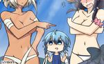  +++ 3girls :d ahoge arm_scrunchie bandaged_arm bandages bikini blue_eyes blue_hair blush breast_hold breasts collarbone commentary covering covering_breasts dark_skin dated day empty_eyes hamu_koutarou hand_on_hip highres holding_bikini_top kantai_collection medium_breasts minazuki_(kantai_collection) multiple_girls musashi_(kantai_collection) navel nose_blush one-piece_swimsuit open_mouth out_of_frame pointing purple_hair short_hair smile swimsuit taigei_(kantai_collection) topless white_bikini white_hair 