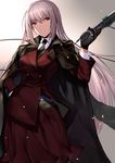  alternate_costume alternate_hairstyle black_gloves black_neckwear breasts cape coat double-breasted embers fate/grand_order fate_(series) florence_nightingale_(fate/grand_order) formal gloves gun hand_on_hip handgun highres jacket_on_shoulders karlwolf long_hair long_skirt medium_breasts necktie pistol red_eyes shirt silver_hair simple_background skirt skirt_suit solo suit very_long_hair vest weapon white_shirt 