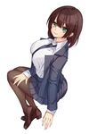  ai-chan_(tawawa) arm_support blazer bra bra_through_clothes braid breasts brown_hair brown_legwear closed_mouth eyebrows_visible_through_hair from_above from_side getsuyoubi_no_tawawa green_eyes highres jacket large_breasts loafers looking_at_viewer necktie pantyhose pleated_skirt school_uniform see-through shoes short_hair side_braid simple_background sitting skirt sleeves_past_wrists smile solo underwear white_background yin-ting_tian 