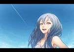  :d armpit_peek bangs bare_shoulders blue_hair blue_sky breasts cloud commentary_request condensation_trail day dress letterboxed long_hair looking_at_viewer medium_breasts open_mouth original pink_eyes sky smile solo sugi_214 white_dress 