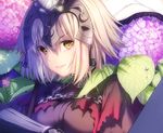  &gt;:) announcement bad_id bad_tumblr_id blonde_hair breasts chain commentary english_commentary fate/apocrypha fate/grand_order fate_(series) flower headpiece hydrangea jeanne_d'arc_(alter)_(fate) jeanne_d'arc_(fate)_(all) looking_at_viewer medium_breasts rosuuri short_hair smile solo torn_clothes upper_body v-shaped_eyebrows water_drop yellow_eyes 
