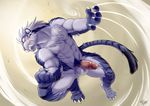  2015 4_toes 5_fingers abs absurd_res anthro athletic balls biceps black_fur blue_fur blush chest_tuft claws cum digital_media_(artwork) dipstick_tail erection fangs feline fur grey_fur hi_res humanoid_penis male mammal multicolored_fur multicolored_tail muscular muscular_male nipples nude paws pecs penis pink_nose precum red_eyes saber-toothed_cat sabertooth_(feature) scar solo stripes takemoto_arashi teeth tiger toe_claws toes tuft vein 