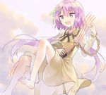  :d bad_id bad_twitter_id bangs bare_legs barefoot beamed_eighth_notes biwa_lute chain commentary_request dress eighth_note eyebrows_visible_through_hair flower hair_between_eyes hair_flower hair_ornament instrument leaf_hair_ornament long_hair long_sleeves low_twintails lute_(instrument) misha_(hoongju) music musical_note open_mouth playing_instrument purple_eyes purple_hair quarter_note smile solo staff_(music) touhou treble_clef tsukumo_benben twintails very_long_hair 