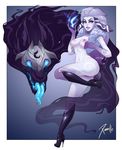  2017 5_fingers absurd_res areola blue_eyes breasts butt canine clothing duo female fingers footwear fur glowing glowing_eyes hair hi_res high_heels humanoid kindred_(lol) lamb_(lol) league_of_legends mammal mask monster_girl_(genre) nude open_mouth purple_fur riot_games shoes simple_background spirit tongue tongue_out video_games white_fur white_hair wolf wolf_(lol) xinaelle 