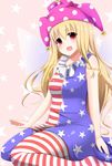  :d alternate_legwear american_flag_dress american_flag_legwear bangs bare_arms bare_shoulders blonde_hair blush breasts clownpiece commentary_request dress fairy_wings fang frilled_shirt_collar frills from_side hat highres jester_cap long_hair looking_at_viewer looking_to_the_side medium_breasts open_mouth pantyhose polka_dot print_legwear red_eyes shiro_oolong-cha shirt short_dress sitting sleeveless sleeveless_shirt smile solo star star-shaped_pupils star_print striped striped_dress symbol-shaped_pupils touhou very_long_hair wariza wings 