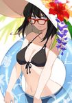  bikini black_bikini black_hair blue_innertube breasts flower glasses hat hat_flower highres innertube medium_breasts navel original purple_eyes red-framed_eyewear sho_(gohan) simple_background solo swimsuit swimwear 