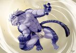  2015 4_toes 5_fingers abs absurd_res anthro athletic biceps black_fur blue_fur bulge chest_tuft claws clothed clothing digital_media_(artwork) dipstick_tail fangs feline fur grey_fur hi_res male mammal multicolored_fur multicolored_tail muscular muscular_male nipples paws pecs pink_nose red_eyes saber-toothed_cat sabertooth_(feature) scar solo speedo stripes swimsuit takemoto_arashi teeth tiger toe_claws toes topless tuft underwear 