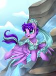  clothed clothing detailed_background equine fan_character feathered_wings feathers hair mammal my_little_pony open_outh outside pegasus pridark purple_eyes purple_feathers purple_hair smile solo teeth tongue wings 