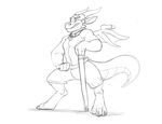  clothed clothing dragon furfragged male monochrome scalie simple_background sketch topless walking_stick wings 