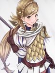  armor blonde_hair blue_cape braid brown_gloves cape fire_emblem fire_emblem_heroes french_braid gloves green_eyes hair_ornament highres long_hair looking_at_viewer miniskirt pleated_skirt polearm sharena simple_background skirt smile solo tark1122 v weapon x_hair_ornament 