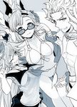  2girls alternate_costume alternate_hairstyle bikini draph eyebrows_visible_through_hair flower granblue_fantasy hair_ornament hairband horns jewelry long_hair monochrome multiple_girls muscle necklace nozomu144 one_eye_closed open_clothes open_shirt see-through shirt siete smile song_(granblue_fantasy) spiked_hair sunglasses swimsuit thalatha_(granblue_fantasy) tied_hair wavy_hair 