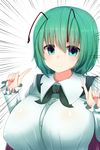  alternate_breast_size antennae bad_id bad_pixiv_id bangs blush breasts cape closed_mouth commentary_request doyagao dress_shirt green_eyes green_hair highres huge_breasts long_sleeves looking_at_viewer shiro_oolong-cha shirt short_hair smile solo touhou white_shirt wriggle_nightbug 