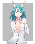 animal_ears aqua_eyes aqua_hair bangs borrowed_character breasts commentary_request dress_shirt eir_(machi) extra_ears grey_background hair_ornament hairclip hand_on_own_chest highres long_sleeves looking_at_viewer medium_breasts no_bra original shirt smile solo sugi_214 two-tone_background unbuttoned unbuttoned_shirt undressing upper_body 