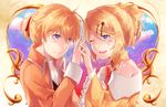  1girl allen_avadonia bare_shoulders blonde_hair blue_eyes blush bow brother_and_sister brown_jacket choker cravat crying crying_with_eyes_open dress evillious_nendaiki eye_contact hair_bow hair_ribbon holding_hands interlocked_fingers jacket kagamine_len kagamine_rin looking_at_another mipi one_eye_closed open_mouth ribbon riliane_lucifen_d'autriche ruffled_sleeves short_ponytail siblings sky smile star_(sky) starry_sky tears twilight twins updo vocaloid yellow_jacket 