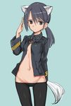  animal_ears aohashi_ame aqua_background bangs breasts brown_eyes closed_mouth commentary_request cowboy_shot frown grey_hair grey_jacket groin highres jacket long_hair looking_at_viewer military military_uniform navel no_panties no_shirt open_clothes open_jacket original pantyhose simple_background small_breasts solo standing tail uniform world_witches_series 