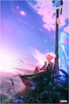  black_cat blue_eyes cat day facial_mark forehead_mark ghost hair_bun long_hair looking_up nima_(ross_tran) original planted_sword planted_weapon red_skin road_sign ross_tran sign sitting solo_focus sword weapon white_hair wind wind_lift 