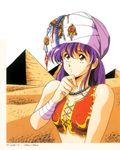  bandages bead_necklace beads breasts cleavage desert egypt gem hand_on_own_chin jewelry long_hair medium_breasts necklace original outdoors pyramid red_eyes sand solo thinking turban upper_body urushihara_satoshi 