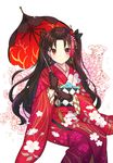  archer_(ishtar) black_hair blush fate/grand_order kimono long_hair parasol red-eyes tohsaka_rin 