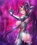  1girl ass bodysuit breasts curvy huge_ass large_breasts long_hair looking_at_viewer naughty_face nipples no_panties ponytail pussy_juice shiny_skin smile sweat taimanin_(series) taimanin_asagi_battle_arena yubashiri_ibuki zol 