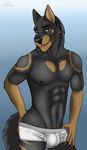  2017 5_fingers abs anthro black_fur black_hair black_nose blue_background blue_eyes brown_fur bulge canine cinta clothing dog eyebrows fur german_shepherd gloves_(marking) grin hair hand_on_butt looking_at_viewer male mammal markings multicolored_fur muscular pose removing_clothing simple_background smile solo underwear 