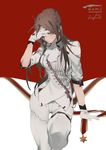  breasts brown_hair character_name feet_out_of_frame girls_frontline gloves green_eyes hand_to_forehead lee-enfield_(girls_frontline) long_hair medium_breasts military military_uniform pants rei_(sanbonzakura) shirt solo uniform white_gloves white_pants white_shirt 