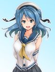  1girl asahi blue_hair breasts female hat kantai_collection large_breasts long_hair looking_at_viewer skirt smile urakaze_(kantai_collection) 