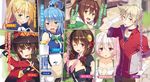  6+girls aqua_(konosuba) arms_at_sides bandaged_arm bandages bangs black_gloves black_hair blonde_hair blue_eyes blue_hair blush bow braid breasts brown_hair character_name cloak closed_mouth collarbone crown_braid cup d: darkness_(konosuba) dust_(konosuba) eyebrows_visible_through_hair fingerless_gloves gloves gradient_hair green_eyes hair_between_eyes hair_bow hair_ornament hand_on_own_chest hands_up hat highres holding holding_cup jacket jitome juliet_sleeves kono_subarashii_sekai_ni_shukufuku_wo! large_breasts lean_(konosuba) long_hair long_sleeves looking_at_viewer low_twintails mask megumin mole mole_under_eye multicolored_hair multiple_boys multiple_girls non-web_source novel_illustration one_eye_closed open_mouth parted_lips pink_eyes ponytail puffy_sleeves red_bow red_eyes scratching_head shinjin_succubus_(konosuba) short_sleeves sidelocks silver_hair smile teacup teeth twiddling_fingers twintails v v-shaped_eyebrows vanir white_gloves witch witch_hat x_hair_ornament yunyun_(konosuba) yuuki_hagure 