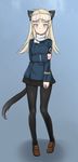  absurdres animal_ears aohashi_ame arm_grab bangs black_legwear black_skirt blonde_hair blue_background blue_eyes blue_jacket brown_footwear cat_ears cat_tail closed_mouth commentary_request emblem full_body highres jacket light_smile loafers long_hair long_sleeves looking_at_viewer military military_uniform miniskirt original pantyhose pleated_skirt shoes skirt solo standing tail uniform world_witches_series 