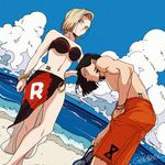  1girl android_17 android_18 beach bikini black_hair blonde_hair blue_eyes breasts brother_and_sister cleavage cloud crossed_legs day dragon_ball dragon_ball_z dutch_angle flip-flops groin hand_in_pocket hand_on_hip large_breasts leaning_forward looking_at_viewer male_swimwear muscle navel ocean outdoors red_ribbon_army ribbon sandals sarong short_hair siblings silver_eyes sky swim_trunks swimsuit swimwear tama_azusa_hatsu tattoo water 