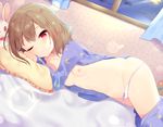  bad_id bad_pixiv_id bangs bedroom blanket blush bow bow_panties breasts brown_hair closed_mouth commentary_request curtains dutch_angle hair_between_eyes hexagon indoors lens_flare long_sleeves lying mafuyu_(chibi21) navel night nipples on_side one_eye_closed open_clothes original pajamas panties panty_pull purple_eyes small_breasts solo stuffed_animal stuffed_bunny stuffed_toy sweat thighs underwear white_panties window 