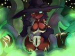  2016 anthro blue_eyes breasts canine claws detailed_background female fur hair halloween hat hi_res holidays jailbait_knight looking_at_viewer lying magic_user mammal night nipples nude open_mouth purple_hair pussy red_fur sex solo teeth tentacles witch witch_hat 