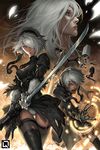  2girls bangs black_gloves black_legwear blindfold_removed bob_cut boots gloves hair_over_one_eye kuroi-tsuki leotard_under_clothes magic_circle md5_mismatch multiple_girls nier_(series) nier_automata pod_(nier_automata) silver_hair sword thigh_boots thighhighs weapon yorha_no._2_type_b yorha_no._9_type_s yorha_type_a_no._2 