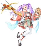  :d arrow bowgun emerane fang full_body holding holding_weapon long_hair looking_at_viewer open_mouth oshiro_project oshiro_project_re purple_hair quiver smile solo taga_(oshiro_project) twintails very_long_hair weapon white_background white_legwear yellow_eyes 