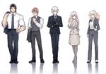  3boys adjusting_clothes adjusting_gloves adjusting_necktie belt black_gloves black_hair black_jacket black_pants blue_neckwear breasts brown_hair collared_shirt dress_shirt formal frills full_body gabriel_(granblue_fantasy) gloves granblue_fantasy hair_between_eyes hand_on_hip high_heels jacket jacket_over_shoulder long_hair long_sleeves looking_at_viewer lucifer_(shingeki_no_bahamut) medium_breasts michael_(granblue_fantasy) multiple_boys multiple_girls muscle necktie pants raphael_(granblue_fantasy) sakuharu_(hkhkbn) shirt standing suit uriel_(granblue_fantasy) white_hair 