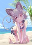  animal_ears barefoot beach bikini black_bikini breasts cleavage closed_mouth day expressionless full_body grey_hair highres ishikkoro mouse_ears mouse_tail nazrin ocean outdoors red_eyes sand short_hair side-tie_bikini small_breasts solo summer sweat swimsuit tail thigh_gap touhou water 