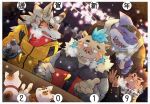  2019 anthro bandaid_protagonist_(tas) blush boar brown_fur canine cat clothing eyes_closed feline fish fur gouryou group human japanese_text male mammal marine mohawk namiki_te night outside overweight overweight_male porcine protagonist_(tas) seth_(tas) shark sweater text tokyo_afterschool_summoners typhon video_games wolf 