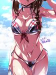  2017 adapted_costume bikini black_bikini black_hair braid breasts cleavage cloud cowboy_shot dated day front-tie_top hair_over_shoulder hair_ribbon head_out_of_frame kantai_collection looking_at_viewer medium_breasts miuku_(marine_sapphire) navel red_ribbon ribbon sailor_bikini sailor_collar shigure_(kantai_collection) side-tie_bikini signature single_braid smile solo swimsuit twitter_username wet 