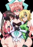  akatsuki_kirika arms_up ass ass_visible_through_thighs bare_shoulders black_hair blonde_hair blue_eyes blush breasts cleavage commentary_request covered_navel covered_nipples elbow_gloves eyebrows_visible_through_hair girl_sandwich gloves green_eyes green_leotard hair_ornament holding_hands interlocked_fingers large_breasts leotard long_hair looking_at_viewer maria_cadenzavna_eve medium_breasts multiple_girls open_mouth pink_eyes pink_hair pink_leotard sandwiched senki_zesshou_symphogear shiny shiny_clothes shiny_hair shiny_skin short_hair shoulder_blades shunzou skin_tight small_breasts thigh_gap thighhighs tsukuyomi_shirabe twintails very_long_hair white_legwear 