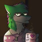  2017 anthro chest_tuft clothed clothing cup digital_media_(artwork) english_text frown fur green_fur hair hi_res looking_at_viewer male melanie_watterson multicolored_fur nicoles portrait sergal simple_background solo text tired tuft white_fur 