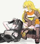  ahoge black_hair blake_belladonna blonde_hair boots breasts cleavage fingerless_gloves gloves hand_on_another's_head hand_on_own_forehead hand_on_own_knee large_breasts long_hair midriff multiple_girls naizo_(kimosugimasu) navel rwby scarf sketch smile white_background yang_xiao_long yuri 
