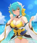  blush bow breasts cleavage closed_mouth cold_(hoshinoskull) collarbone eyebrows_visible_through_hair fate/grand_order fate_(series) green_hair hair_bow highres horns kiyohime_(fate/grand_order) large_breasts long_hair looking_at_viewer smile solo yellow_bow yellow_eyes 