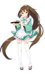  absurdly_long_hair apron brown_hair cherry_blossom_print cup floral_print full_body hair_ornament long_hair maid_apron official_art orange_eyes oshiro_project oshiro_project_re ponytail sama solo tea teacup transparent_background very_long_hair yoita_(oshiro_project) 