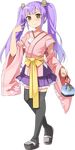  black_legwear cherry_blossom_print detached_sleeves emerane floral_print full_body long_hair looking_at_viewer oshiro_project oshiro_project_re purple_hair purple_skirt skirt solo taga_(oshiro_project) thighhighs transparent_background twintails very_long_hair yellow_eyes 