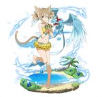  ;) animal_ears ball barefoot beachball bikini bikini_skirt blue_flower brown_hair cat_ears cat_tail closed_mouth collarbone flat_chest flower full_body hair_between_eyes hair_ornament layered_skirt leg_up long_hair navel official_art one_eye_closed palm_tree pina_(sao) short_twintails silica silica_(sao-alo) skirt smile solo standing standing_on_one_leg striped striped_bikini swimsuit sword_art_online sword_art_online:_code_register tail tree twintails water yellow_skirt 
