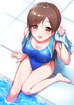  barefoot breasts brown_eyes brown_hair cleavage competition_swimsuit from_above heart heart-shaped_pupils idolmaster idolmaster_cinderella_girls idolmaster_cinderella_girls_starlight_stage large_breasts long_hair looking_at_viewer nitta_minami one-piece_swimsuit shirona002 soaking_feet solo swimsuit symbol-shaped_pupils towel 