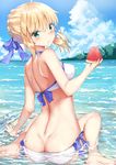  :t ahoge aqua_eyes artoria_pendragon_(all) artoria_pendragon_(swimsuit_archer) ass bangs barefoot bikini blonde_hair blue_ribbon blue_sky blush braid breasts butt_crack cloud day dimples_of_venus eating eyebrows_visible_through_hair fate/grand_order fate_(series) food food_on_face french_braid from_behind fruit hair_ribbon holding holding_food holding_fruit horizon looking_at_viewer looking_back md5_mismatch medium_breasts ocean outdoors partially_submerged ribbon rong_yi_tan side-tie_bikini sidelocks sitting sky solo summer swimsuit wariza water water_gun watermelon wet 